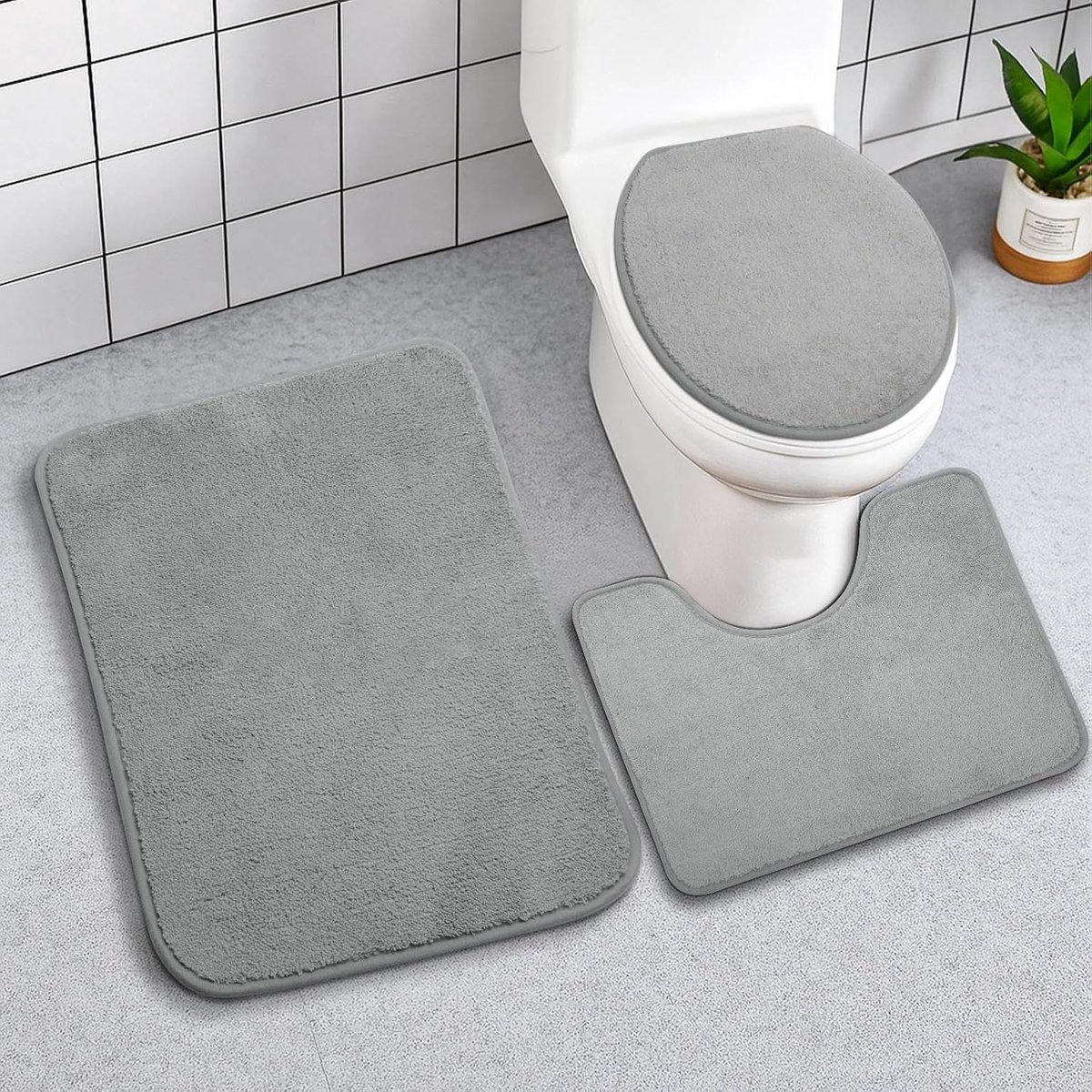 SnelShoppen - 3-Delige Badmat Set - Antislip, Wasbare Badmatten - U-Vorm, Ovaal, Rechthoekig - Zacht Polyester - Grijs - Voor Badkamer, Toilet, Douche