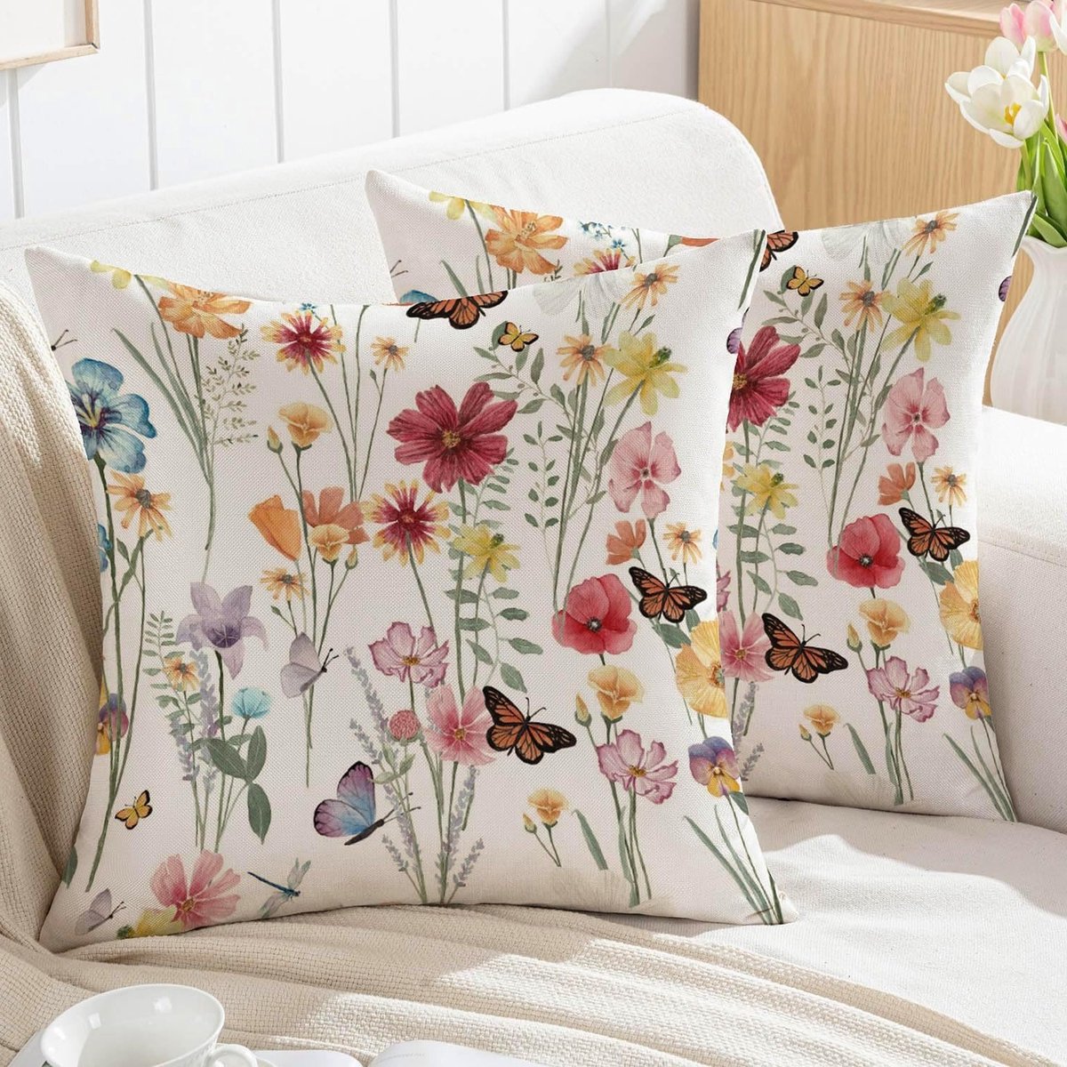 Kussenhoezen voor Sofa 45 x 45 cm met Kleurrijke Bloemen en Bladeren voor Buiten, Decoratieve Vierkante Kussens, 2 Stuks, Wasbaar en Modern