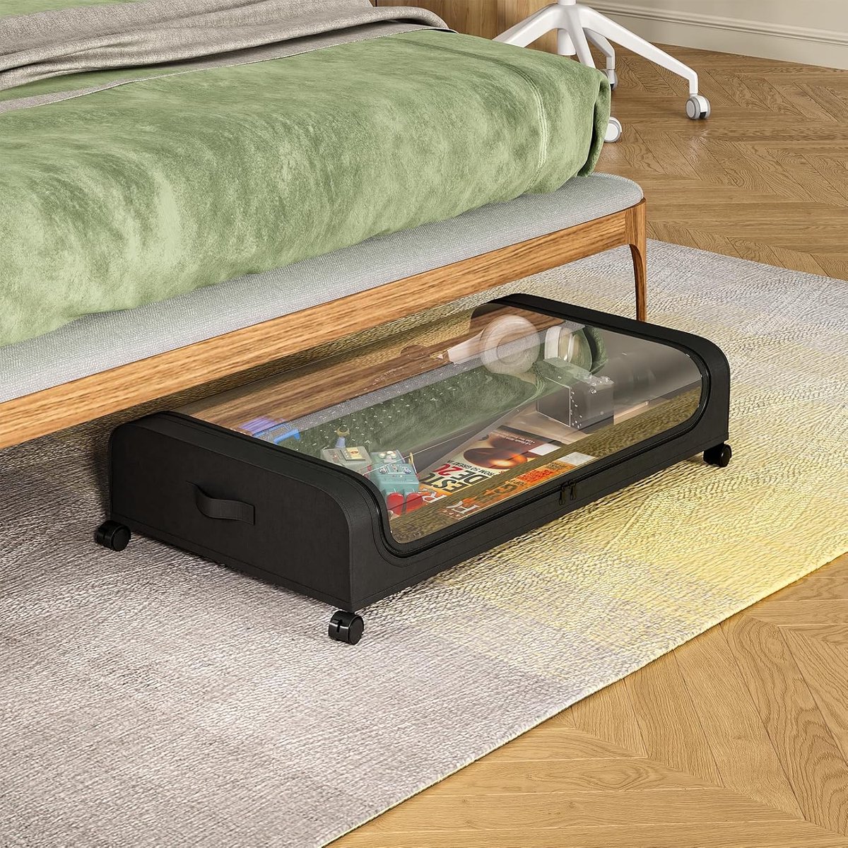 OUYLAF XXL Opbergbox voor onder het bed, 50L opbergbox met wielen, Opbergdoos met deksel, 80x44x16cm（LxBxH）, opbergtas met rits ,Voor Kleding, Kussens, Dekbedden En Beddengoed, Zwart opberghoes