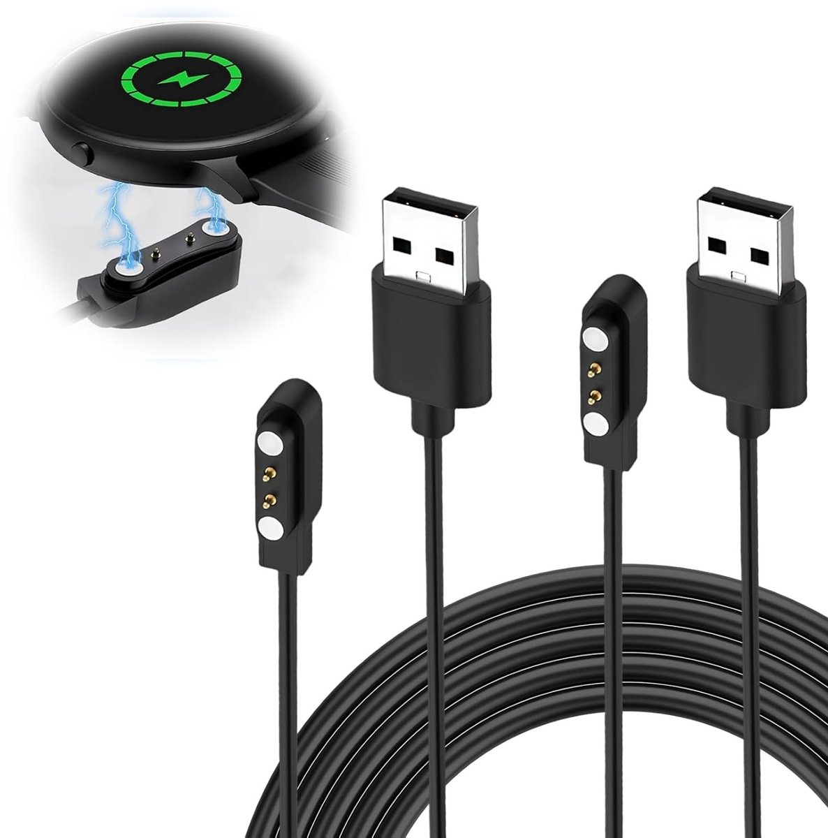 Pack van 2 Magnetische Oplaadkabels voor Smartwatches en Fitness Trackers - Snelle 2-Pins 4 mm USB Oplader voor Diverse Modellen