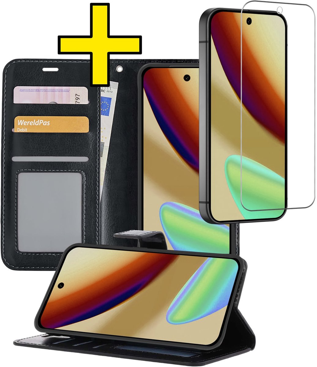 Hoesje - Met Screenprotector - Geschikt voor Google Pixel 11 Pro - Luxe Pasjeshouder - Bookcase Portemonee - Flip Case - Kunstleer Book Case - Flipcase - Book Cover - Walletcase - Portemonneehoes - Telefoonhoesjes - Zwart