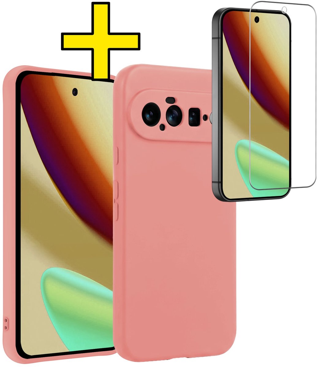 Hoesje - Met Screenprotector - Geschikt voor Google Pixel 11 - Sterk & Shockproof - Back Cover - Siliconen Case - Telefoon Hoes - Telefoonhoesjes - Lichtroze