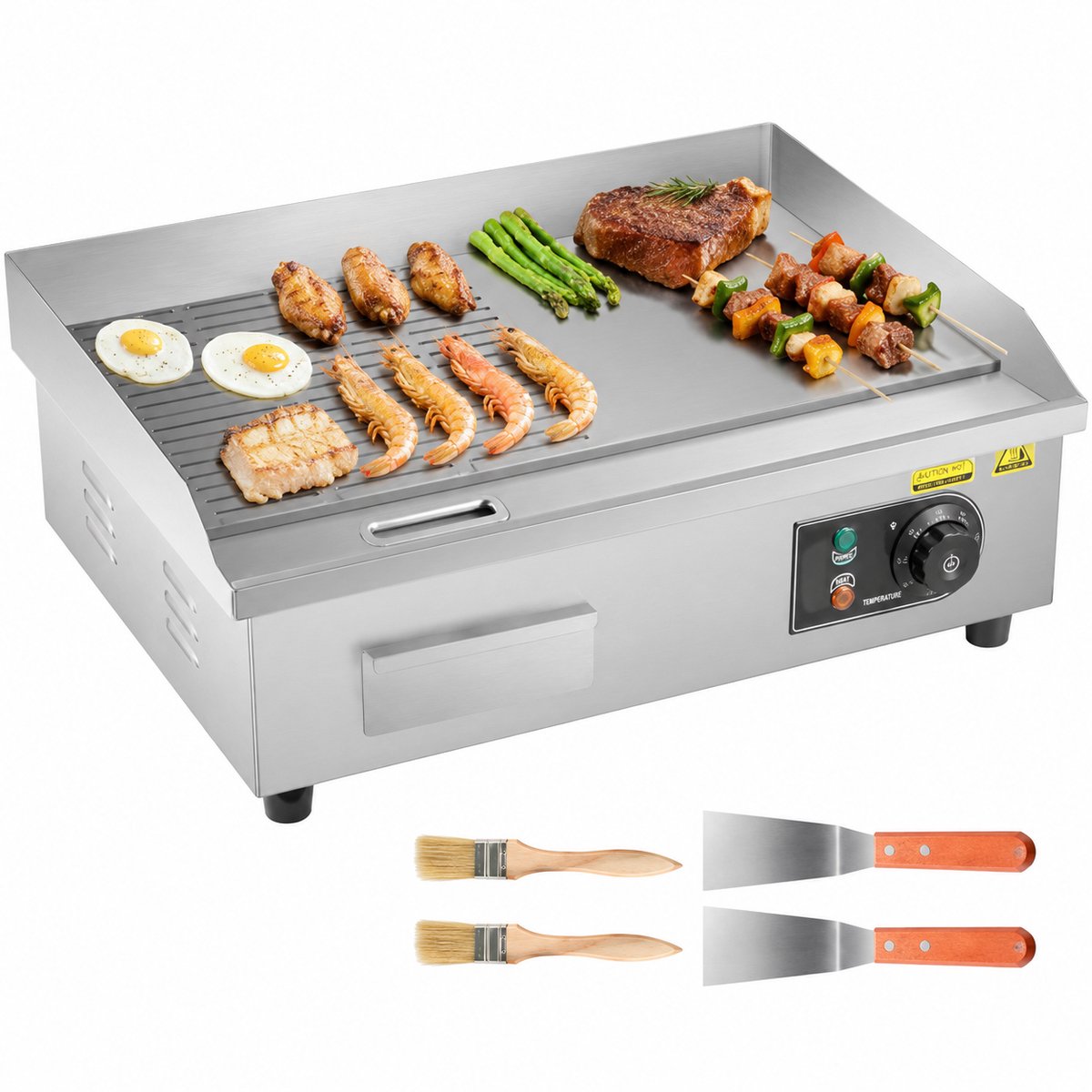 Velmio Elektrische Grill/Bakplaat - 22 Inch Half grill - Teppanyaki Bakplaat - Grillplaat - Elektrische Grill - Grill apparaat RVS - 1600 W/3200 W - 50℃ tot 300℃ - Voor Professioneel en Thuisgebruik - Inclusief 2 Spatels & Kwastjes