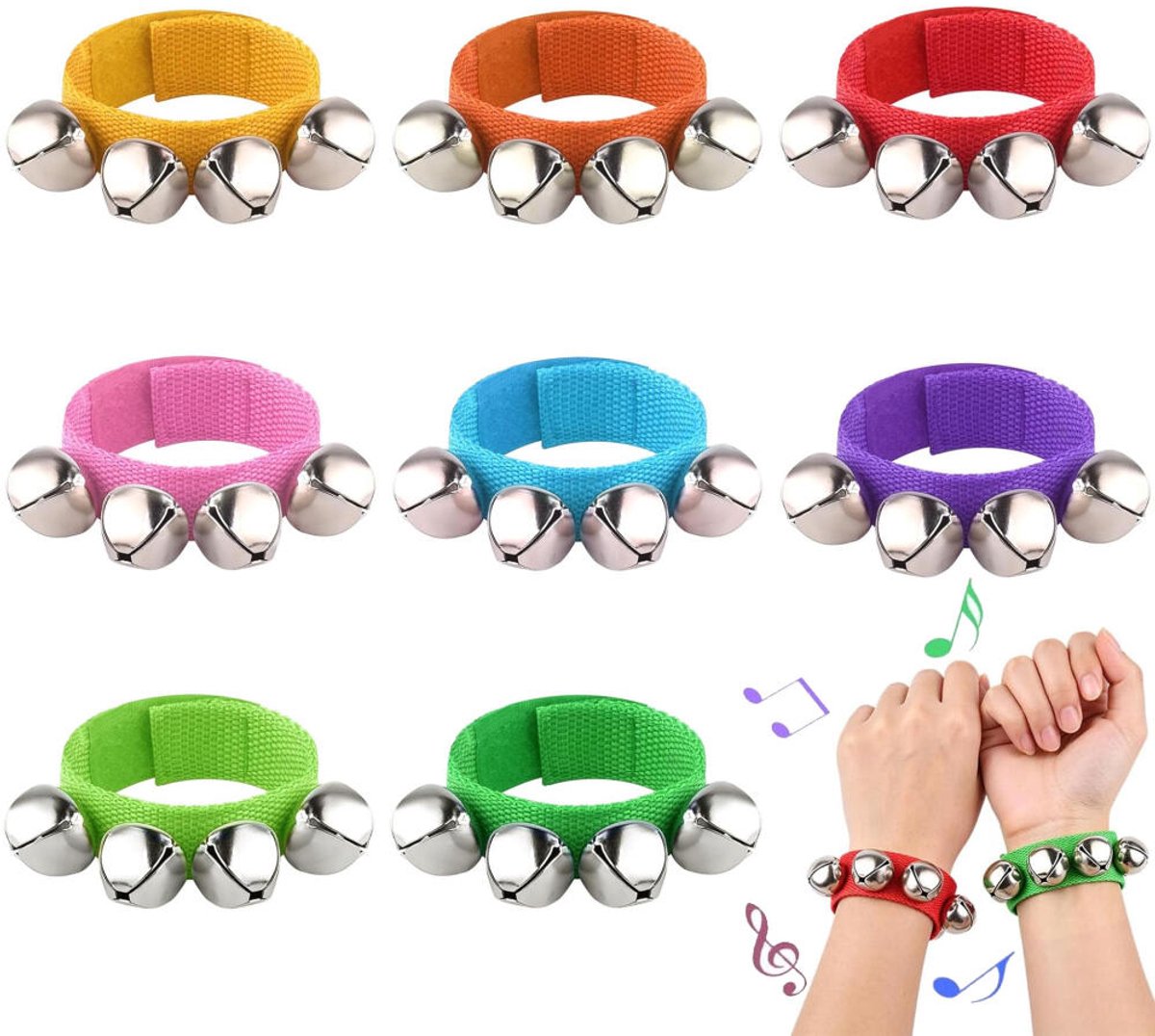Handbellen - 8 Stuks - Enkel & Armband Bellen Set - Percussie Speelgoed - Polsbel - Met 4 Bellen - Speelgoed voor Kinderen - handbel - Muziek Bellen - Belletjesband - Ritme Instrument voor kinderfeestjes, scholen en muzieklessen