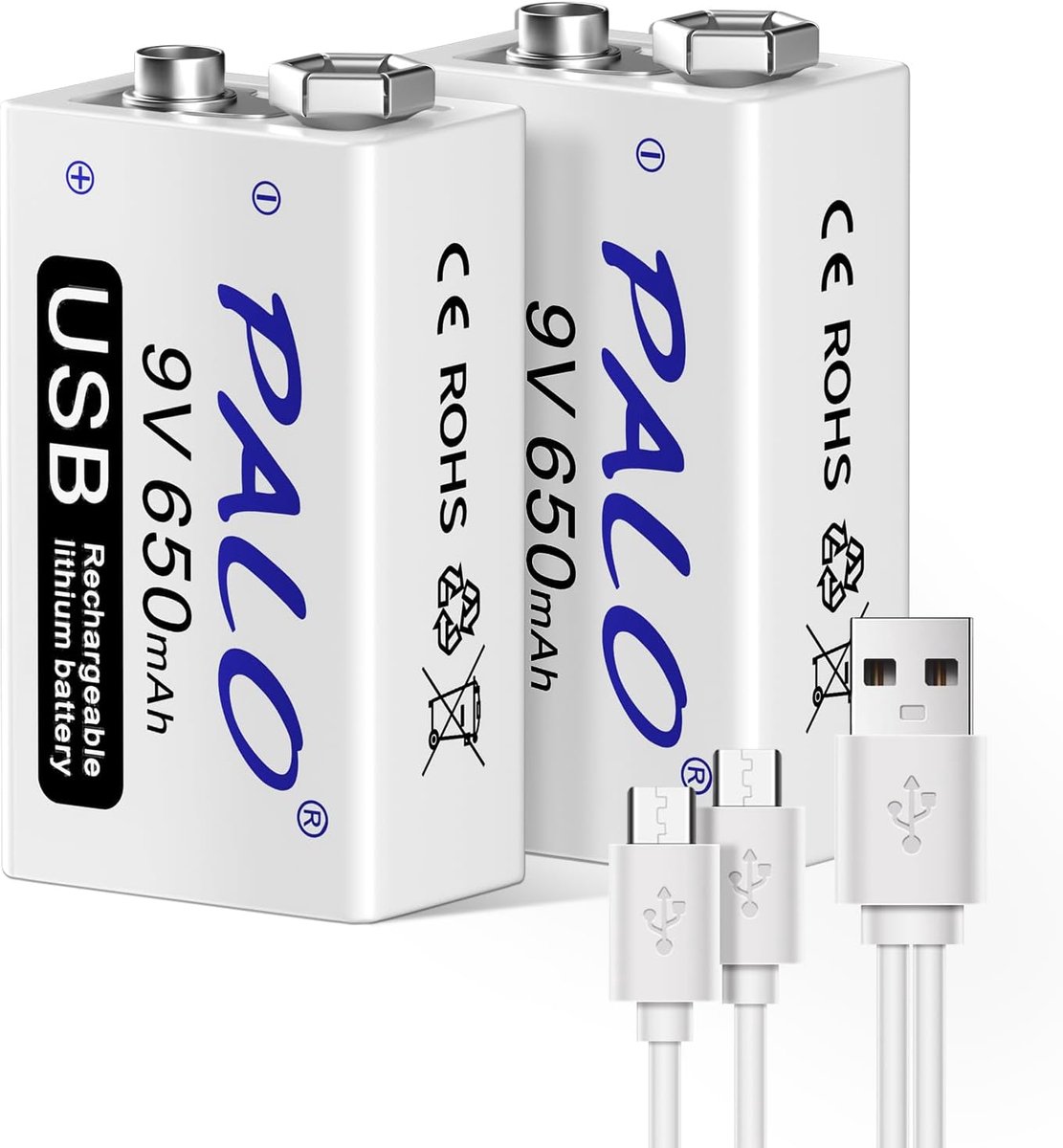 SnelShoppen - 2 Pack 9V Oplaadbare Batterij 650mAh Li-ion met 2 in 1 USB Oplaadkabel voor Keyboard, Microfoon en Rookmelder