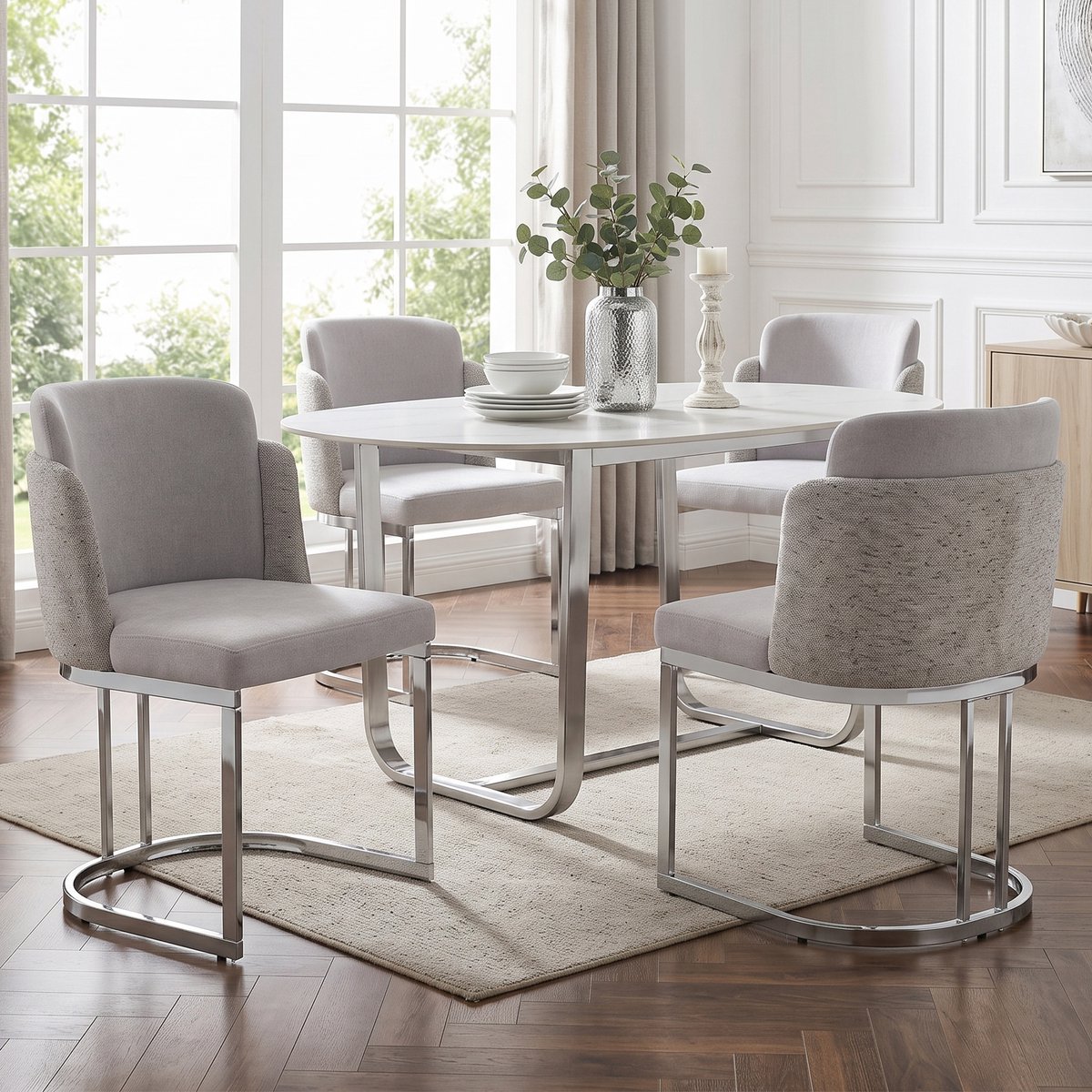 Eetkamerstoelen Set van 4 Moderne Stoelen Met Armleuningen en Zachte Chenille Bekleding in Lichtgrijs met Zilveren Metalen Poten