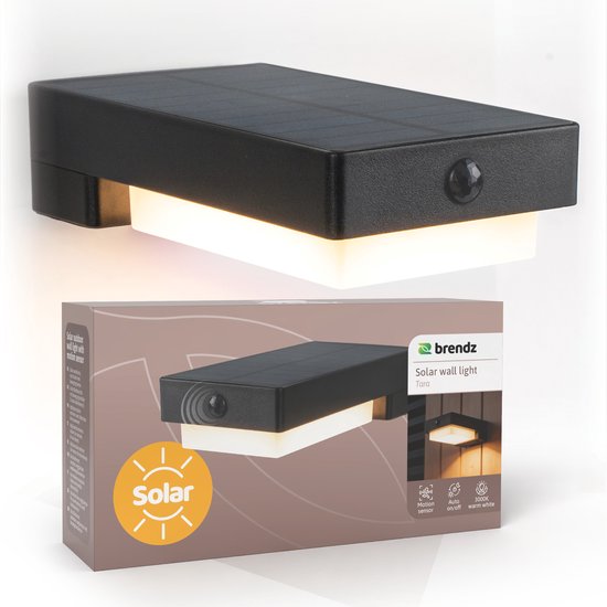 Zwarte solar wandlamp met bewegingssensor, lichtpaneel en lichtstrip. Inclusief verpakking.
