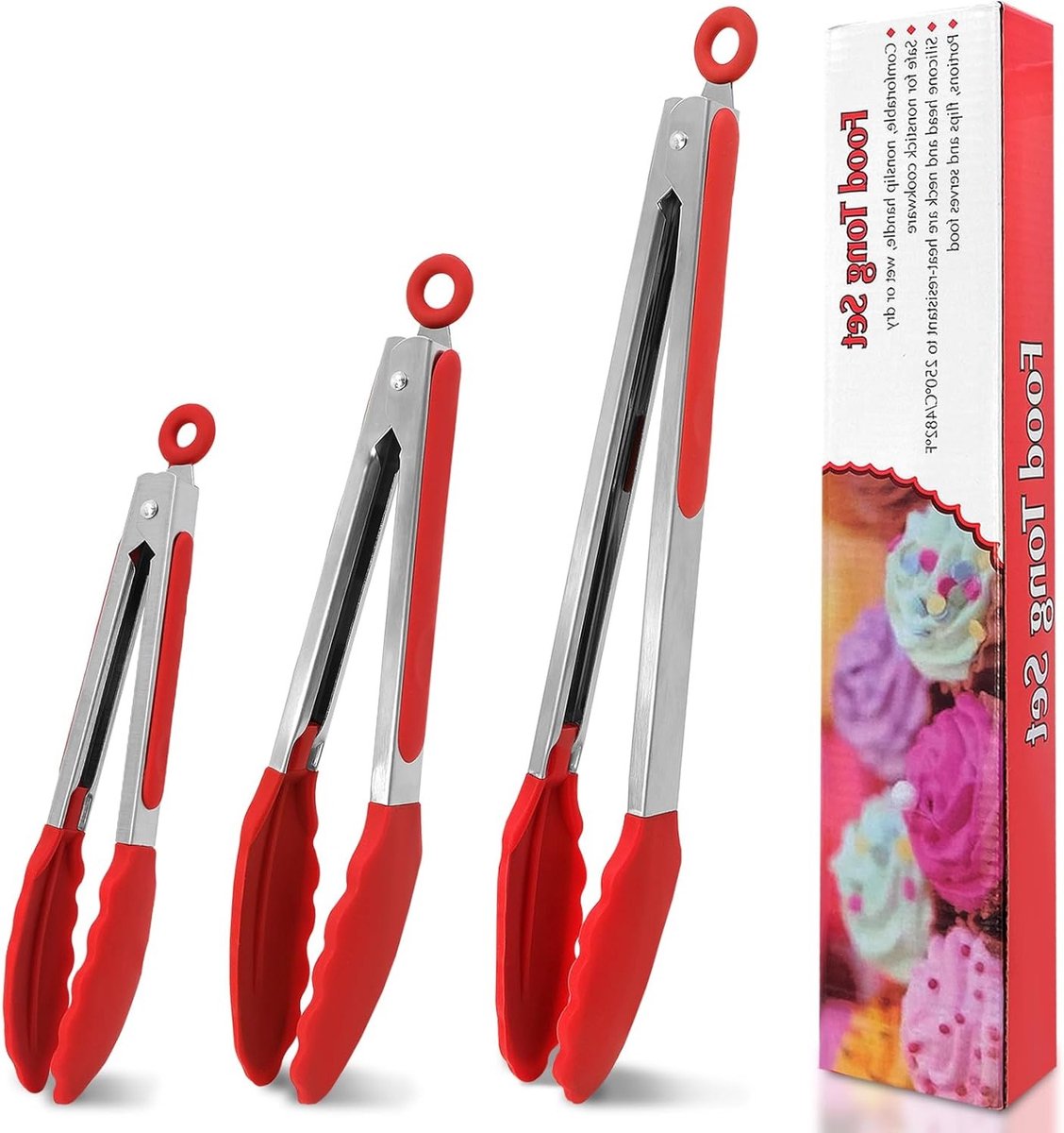 3-delige Keuken Tang Set met Siliconen Tips, Rvs Antislip Tangen voor Koken, BBQ en Salades