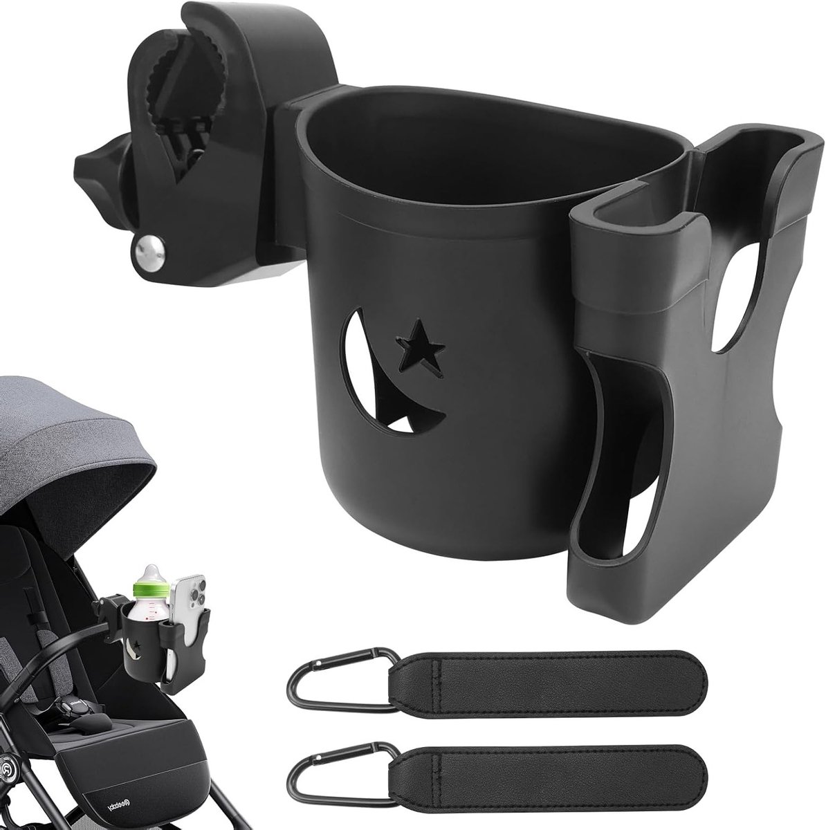 Universele 2-in-1 Kinderwagen Drinkbekerhouder met Telefoonhoesje en 2 Haakjes voor Kinderwagen, Fiets en Rolstoel