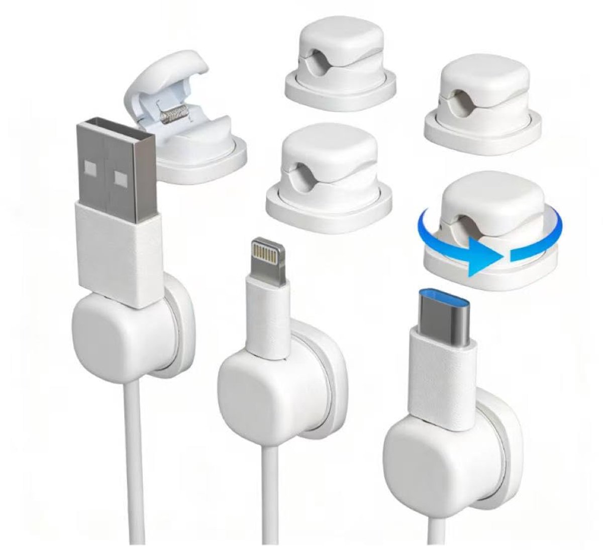 SnelShoppen - Set van 6 Witte Kabelclips - 360 Graden Draaibare Kabelhouders - Zelfklevende Opladerhouder voor Bureau, Nachtkastje, USB en Audiokabels