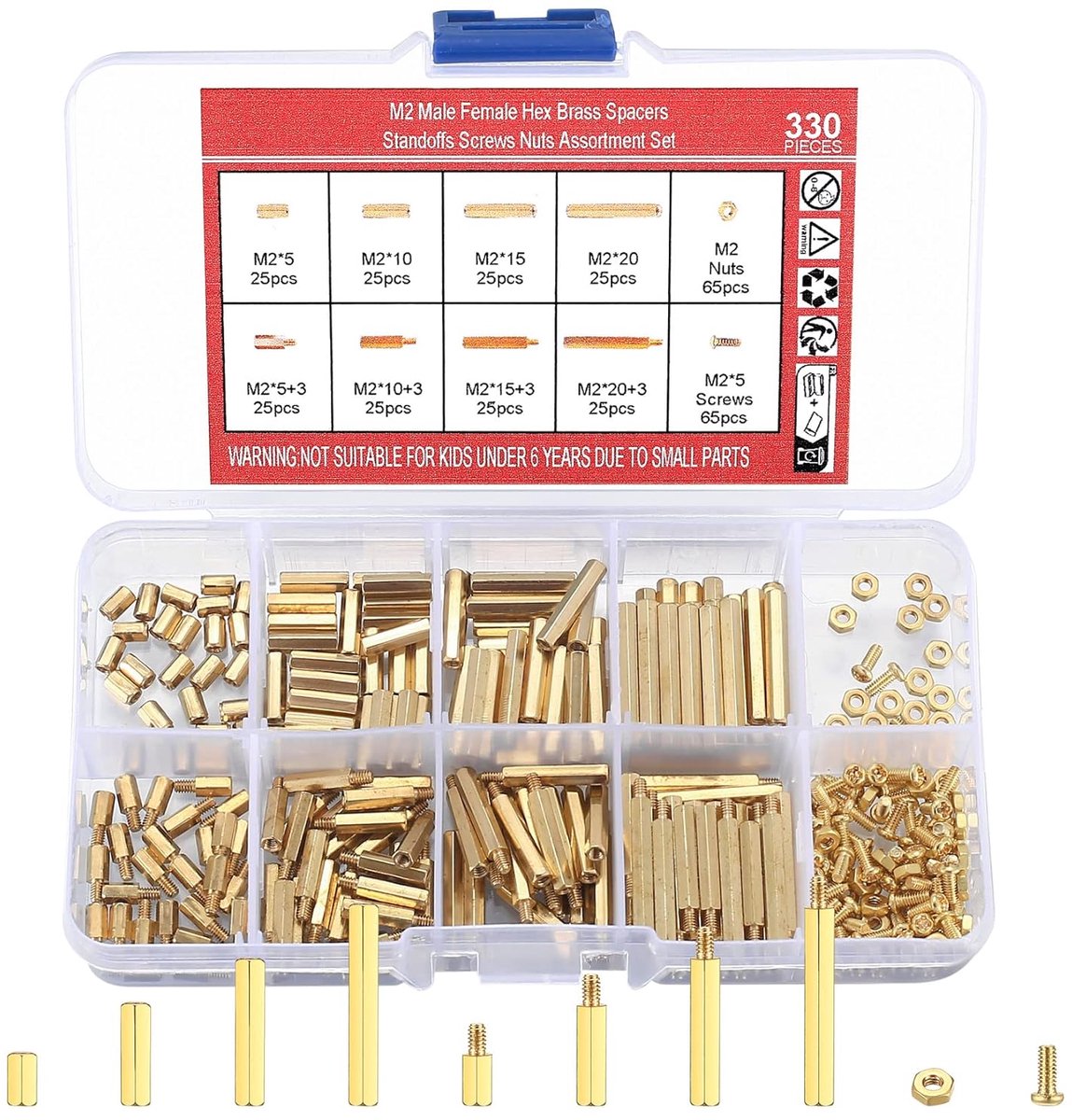 SnelShoppen - 330pcs M2 Messing Male Female Hexagon Schroefmoeren Assortiment Set, PCB Hex Draad Moeren, Spacer, Bouten, Standoffs voor Elektronica en