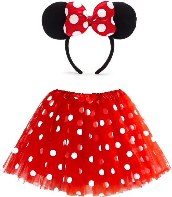 KIMU® Mouse Set Tutu en Haarband - Maat 92 98 104 110 116 122 - Minnie Rood Polkadot Tule Rokje - Rode Gestippelde Petticoat Rok Meisje Festival