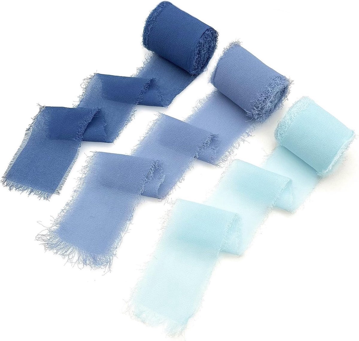 SnelShoppen - 3 Rollen Chiffon Ribbon Blauw met Ruwe Rand 5m/Rol 4cm Breed voor Cadeauverpakking, Bruiloft, Uitnodigingen en Decoratie