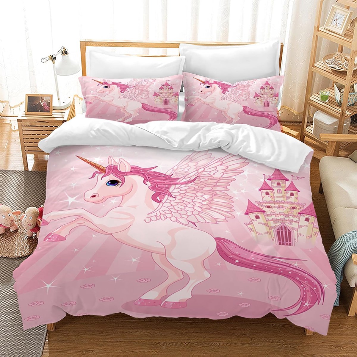 SnelShoppen - Unicorn Dekbedovertrek Set voor Kinderen, 200x200cm, 3D Cartoon Microfiber met 2 Kussenslopen en Rits, Soft en Ademend voor Meisjes