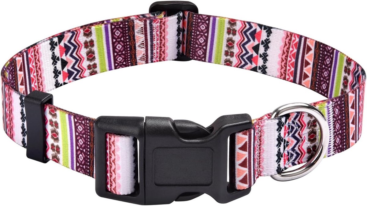 SnelShoppen - Verstelbare Hondenhalsband voor Kleine, Middelgrote en Grote Honden - Bohemian Bloemen en Tribal Geometrische Patronen - Roze M (33-55cm
