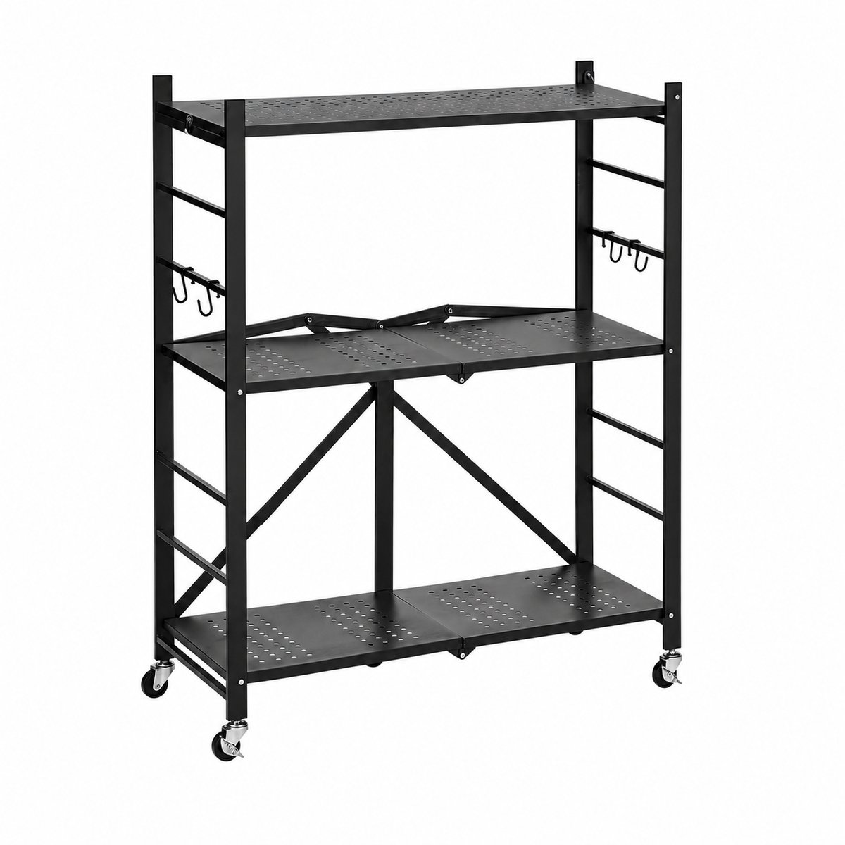 Sello! opvouwbaar opbergrek – verrijdbaar – ruimtebesparend – 190kg draagkracht per plank – 4 haken – zwenkwielen – staal – zwart