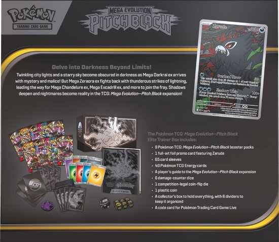 Promotionele afbeelding van de 'Elite Trainer Box - Pitch Black' met de inhoud: 9 booster packs, kaarten, dobbelstenen, munt, speler gids en energiedobbelstenen.