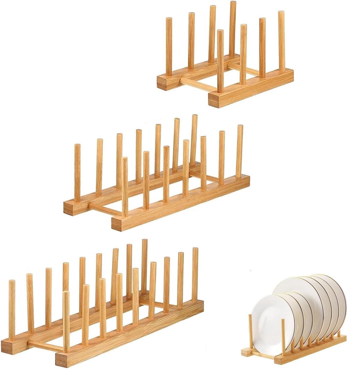 SnelShoppen - 3x Bamboo Keuken Plate Stands, Plate Drainer voor Borden, Bekers, CD's, Wijnglazen - Duurzaam en Milieuvriendelijk Hout, Makkelijk te In