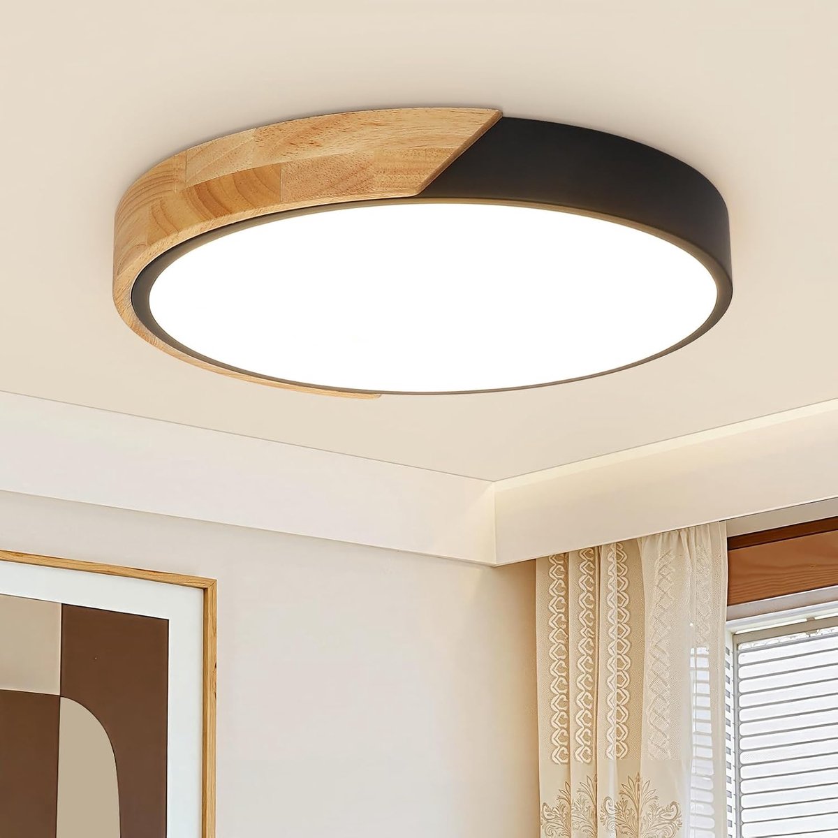 SnelShoppen - Zwarte Houten Plafondlamp 4500K - Stijlvolle Verlichting voor Woonkamer, Keuken, Slaapkamer - Eenvoudig en Elegant Design - Perfect voor