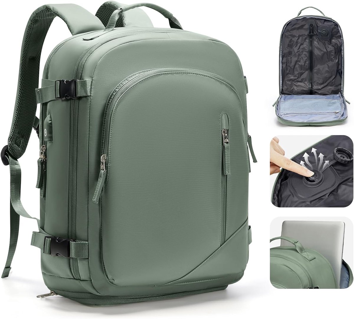 SnelShoppen - Cabin Luggage Backpack Vacuum - Reisrugzak 45x36x20 voor Vliegtuig, Laptop Rugzak, Compressie Systeem, Groene Reisbackpack voor Mannen e