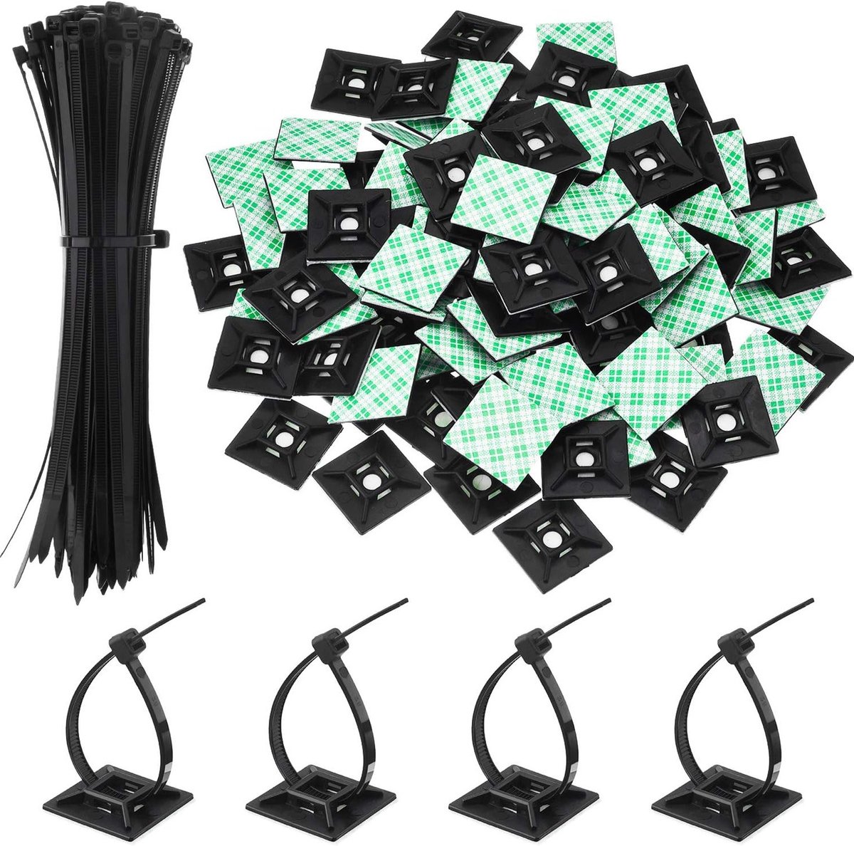 100 Stuks Zwarte Kabelbinders met Zelfklevende Kabelclips en Multifunctionele Kabelbinders van 20,3 cm voor Organisatie en Beveiliging van Kabels