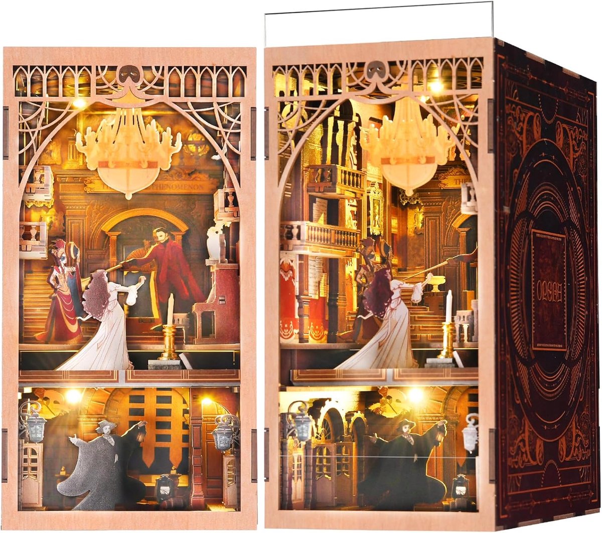 SnelShoppen - MiniCity Book Nook - Miniatuur Boekenkast, 3D Houten Puzzel Boeksteun met LED Licht voor Volwassenen en Tieners, Phantom of The Opera De