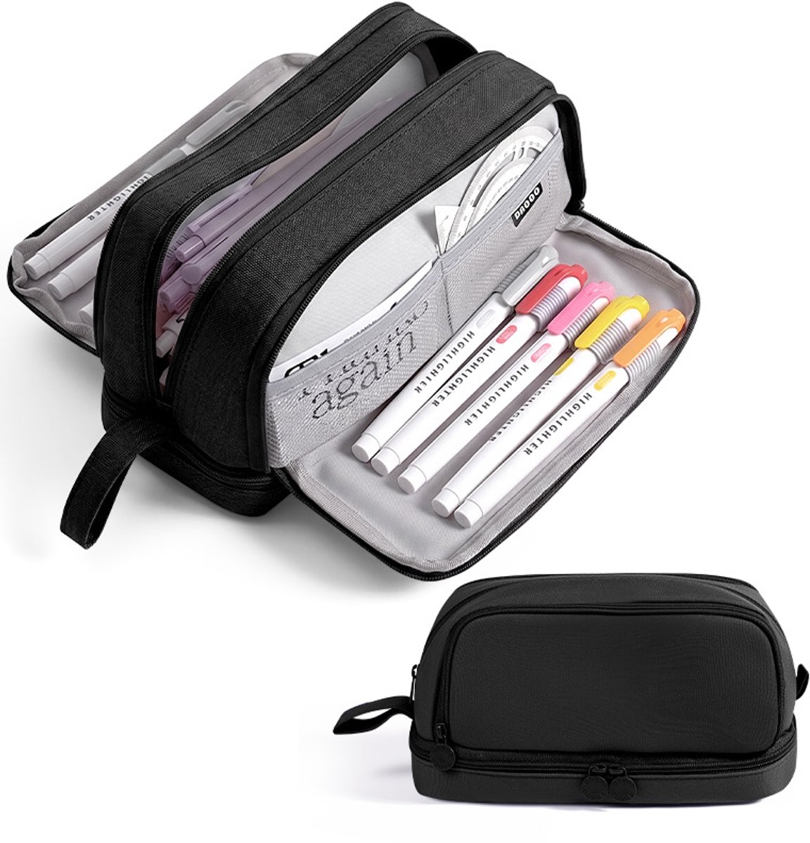 Opbergtas - Organizer - Telefoontas - pennentas - met 4 vakken, rits en draaghandvat, ruim opbergetui voor school, studie en kantoor, geschikt voor jongens, meisjes en volwassenen, afmetingen - 12 × 21 × 9 cm - zwart