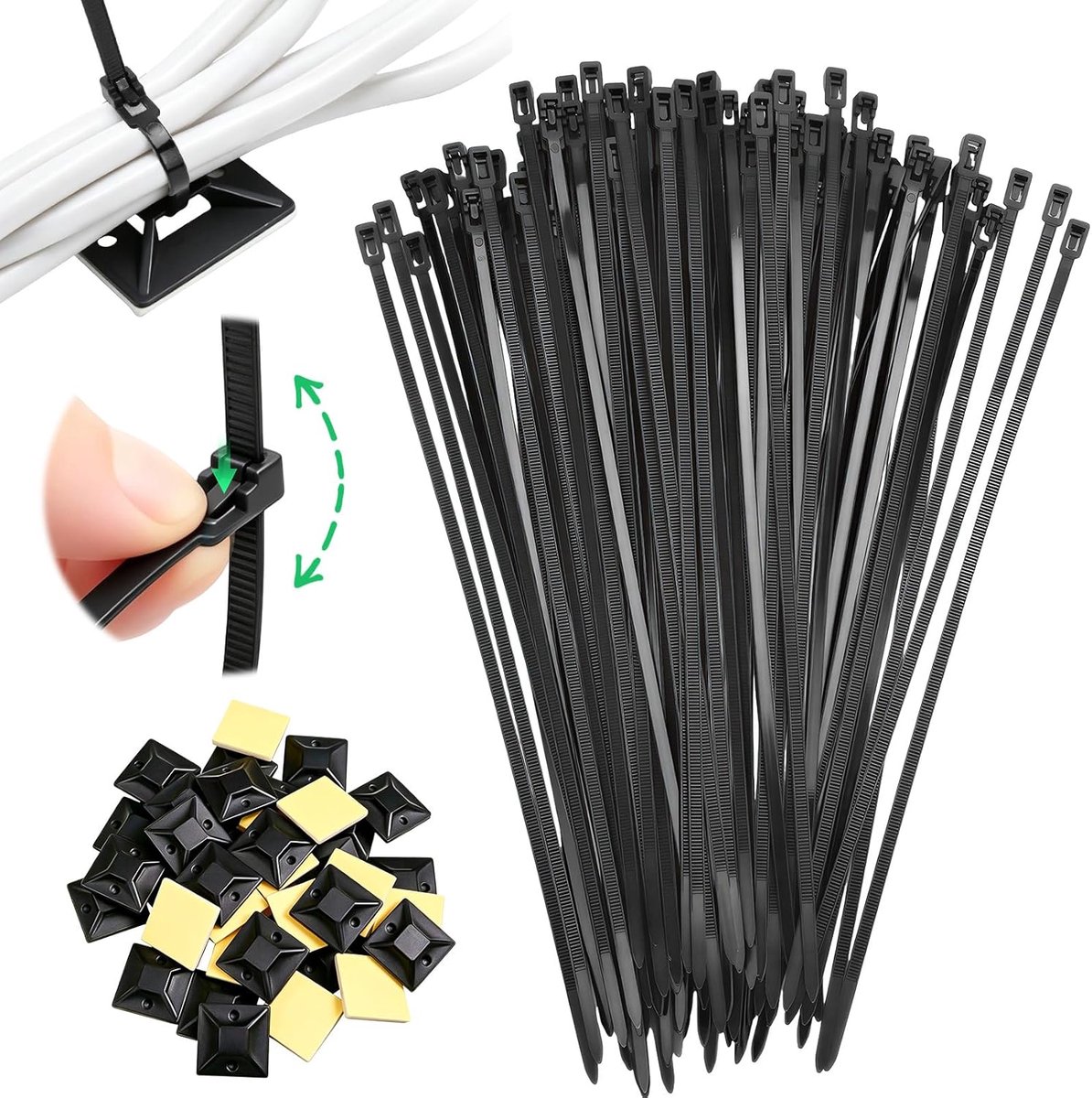 SnelShoppen - Hersluitbare Kabelbinders Set 100 Stuks 5 x 300 mm Zwart, Oplosbaar, UV- en Hittebestendig, Inclusief 50 Kleefvoetjes voor Organisatie i
