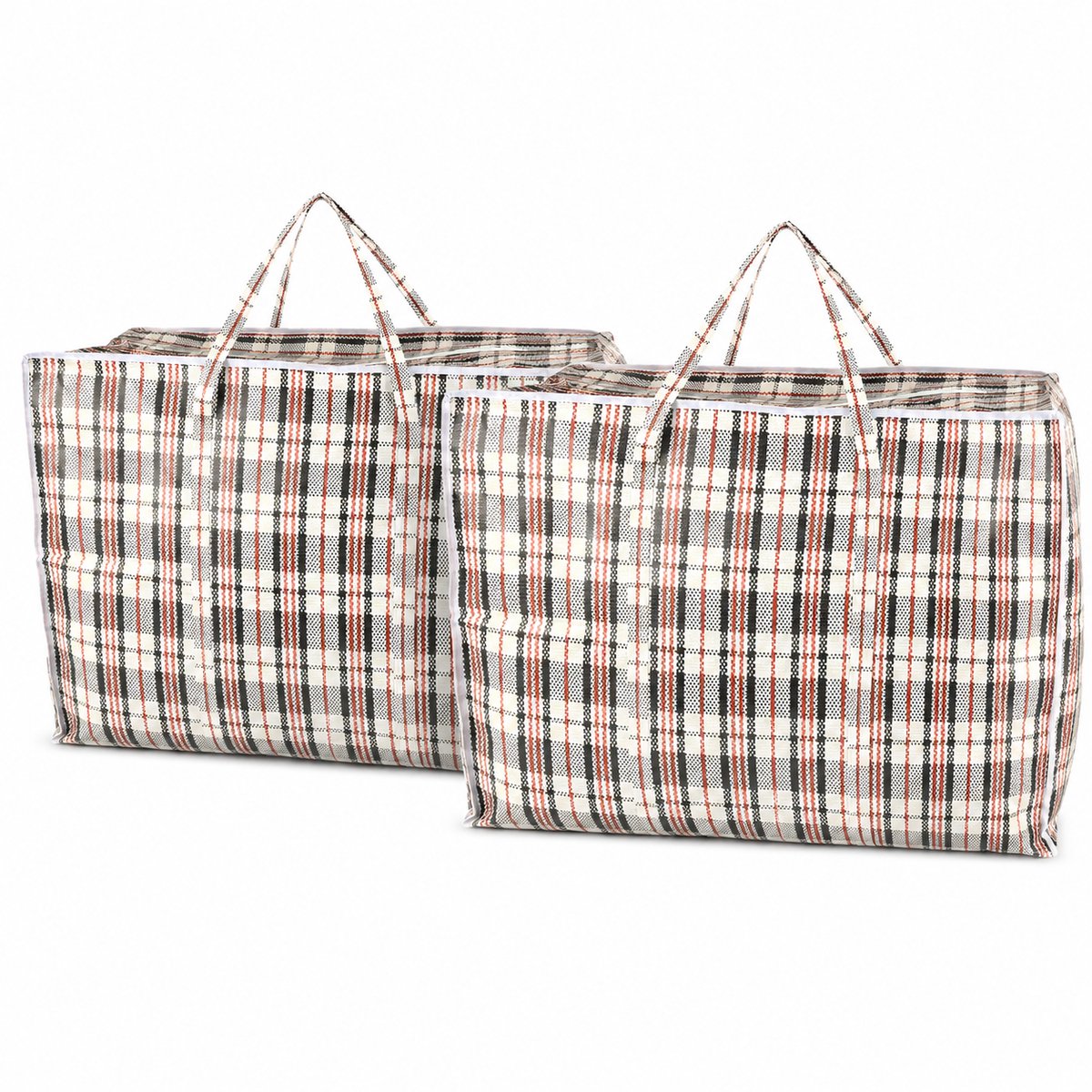 Opbergtas met Rits 150 Liter – 2 Stuks – Grote Opbergtassen en Verhuistassen voor Dekbedden, Kleding, Wasgoed en Boodschappen – Big Shopper XL – 70 x 40 x 56 cm – Zwart Rood Wit