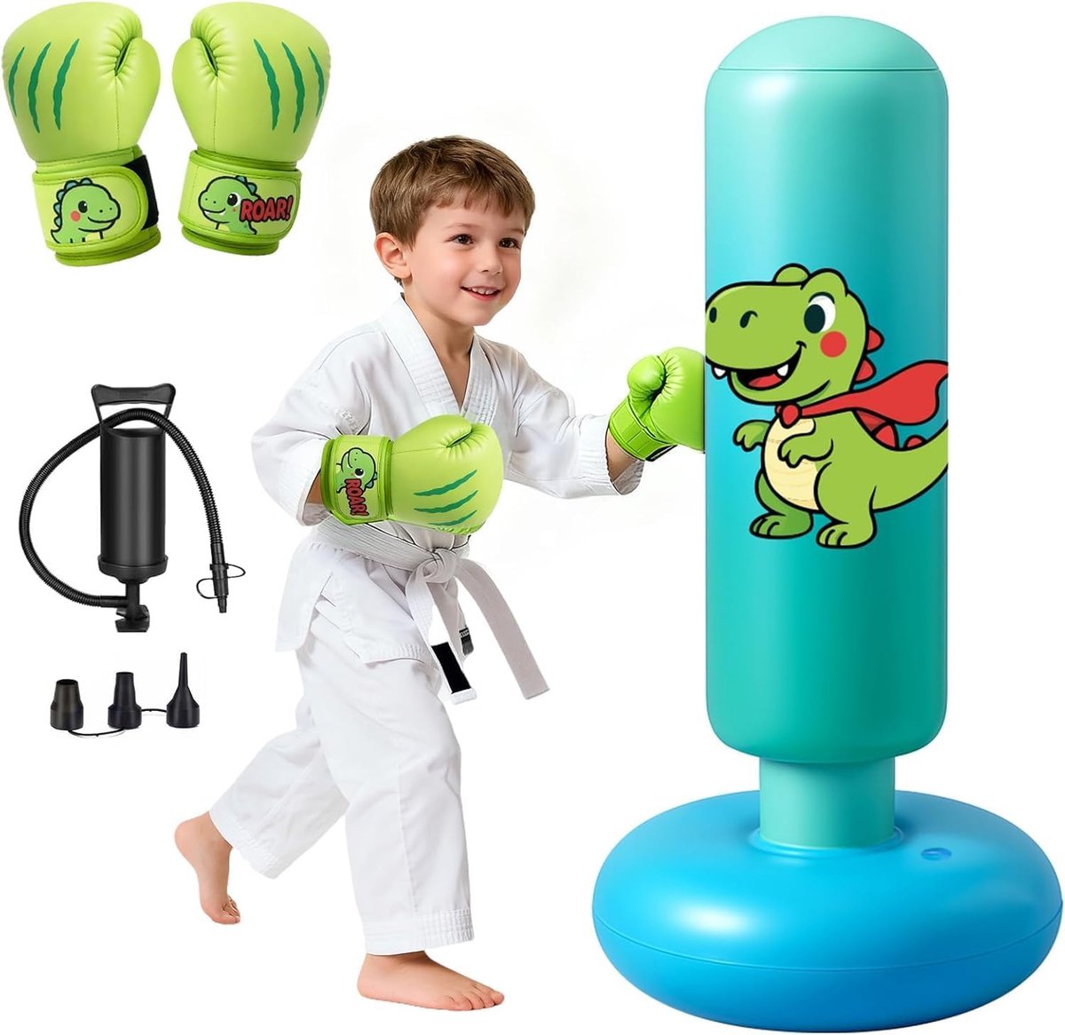 SnelShoppen - Inflatable Punching Rod 30 Filament 120 cm Kinderen - Groene Dino Patroon, Groene Bokshandschoenen, Zwarte Pomp in Kraft Papierdoos - Id