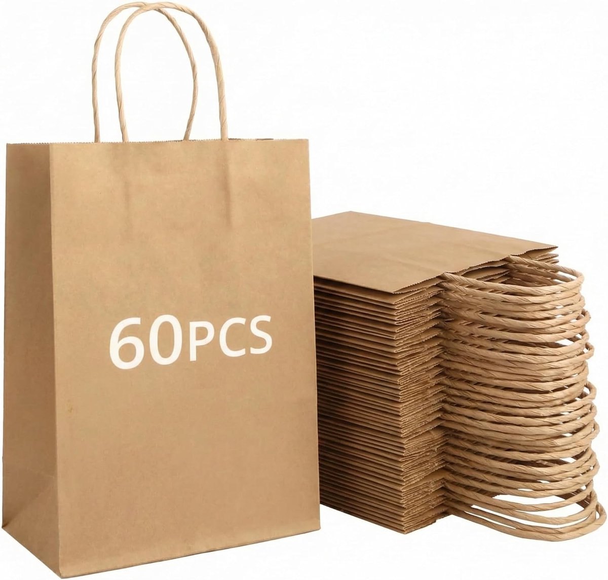 SnelShoppen - 60 Stuks Bruine Papieren Cadeauzakken met Handvatten, Kraft Papier, 15 x 8 x 21 cm, Stevige Verpakkingszakken voor Feest, Winkel, Cadeau