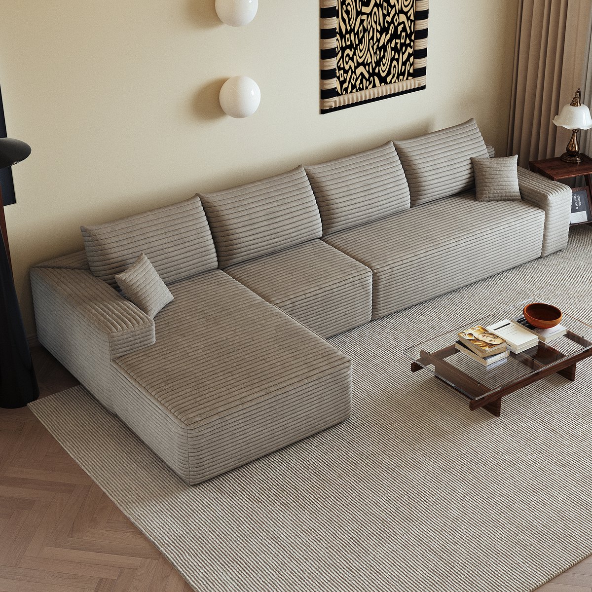 Hoekbank Modulair Met L-vormige Chaise Longue - Diepe Zit En Zachte Corduroy - Voor Woonkamer, Slaapkamer En Appartement - Camel