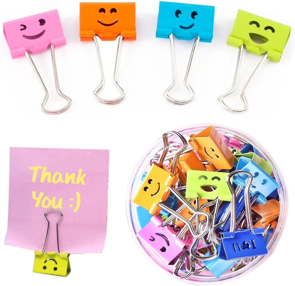 SnelShoppen - Foldback Klemmen 40 Stuks - Smiley Vouwen Clips - Metaal Paper Clips 19mm - Kleurige Organisatie Klemmen voor 75 Bladen - Voor Documente