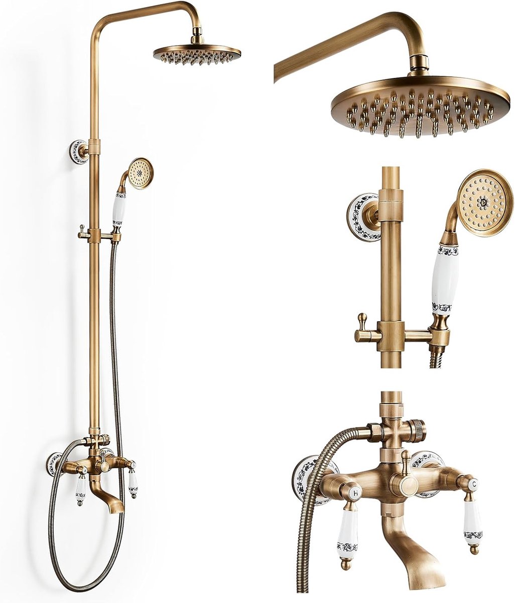 SnelShoppen - Retro Gouden Douchesysteem Antiek Messing Compleet Set met 8 Inch Regen Douchestraal Handdouche en Verstelbare Baduitloop 70-120cm