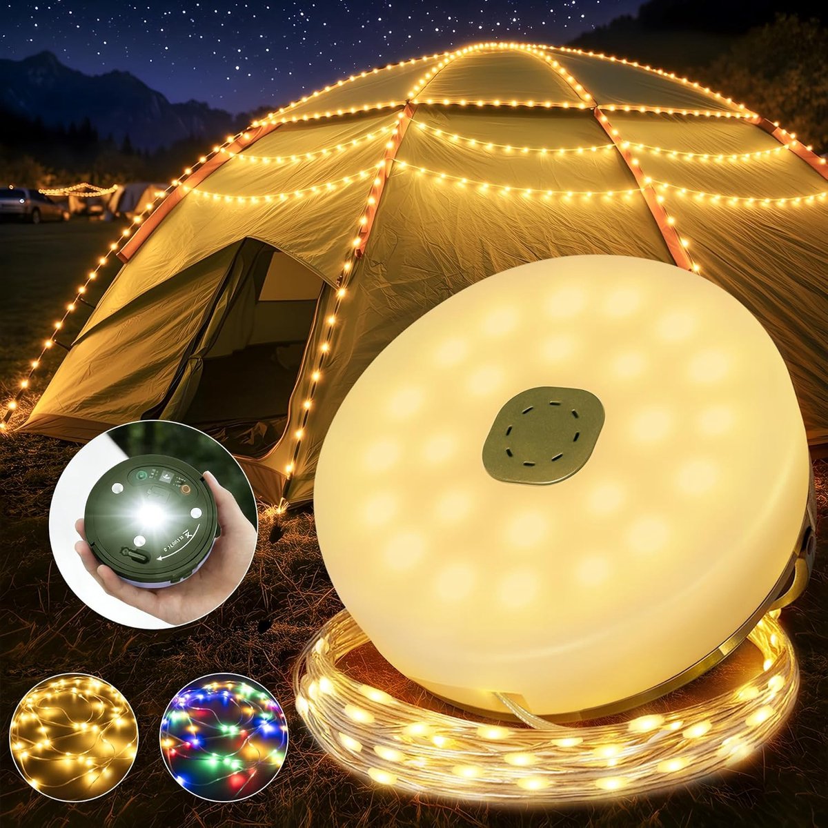SnelShoppen - Campinglichtsnoer 10 m Oprolbaar LED, 4-in-1 Oplaadbare Magnetische Campinglamp met Batterij, 15 Lichtmodi, USB & Powerbank, IP44 voor T
