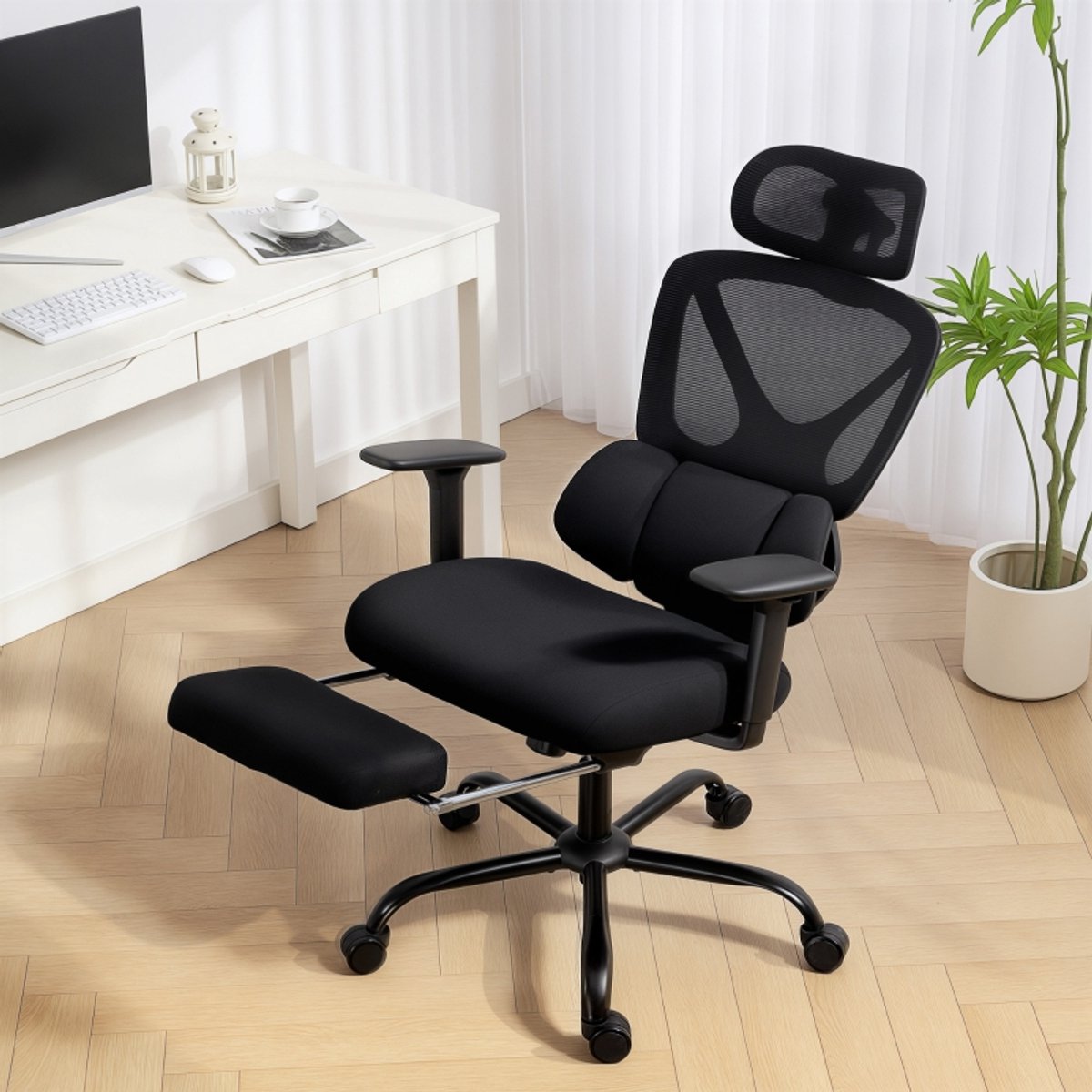 DESMIU Bureaustoel 73 x 75 x 128 cm - Ergonomisch Met 3D Armleuningen En Voetsteun - Voor Kantoor En Thuiswerkplek - Kunststof En Mesh Zwart