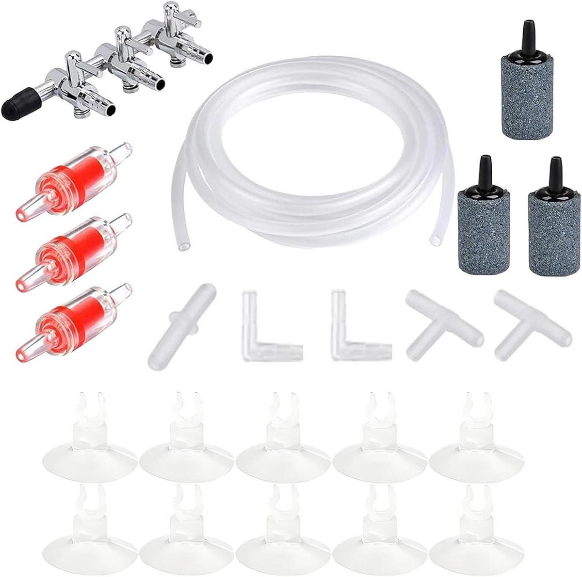 SnelShoppen - Aquarium Air Pump Accessoires Set met 5m Luchtbuis, 3-Weg Ventiel Splitter, 3 Check Ventielen, 3 Luchtstenen, 10 Zuignappen en 5 Verbind