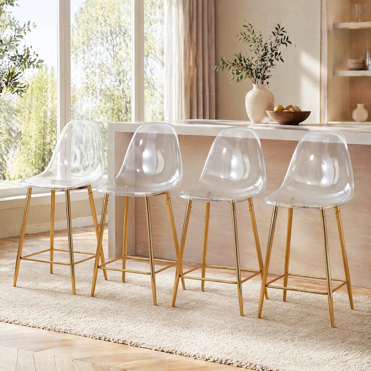 MODENUIT Barkruk 51 x 45 x 102 cm - Transparant Met Rugleuning - Voor Keuken En Bar - Kunststof Goud