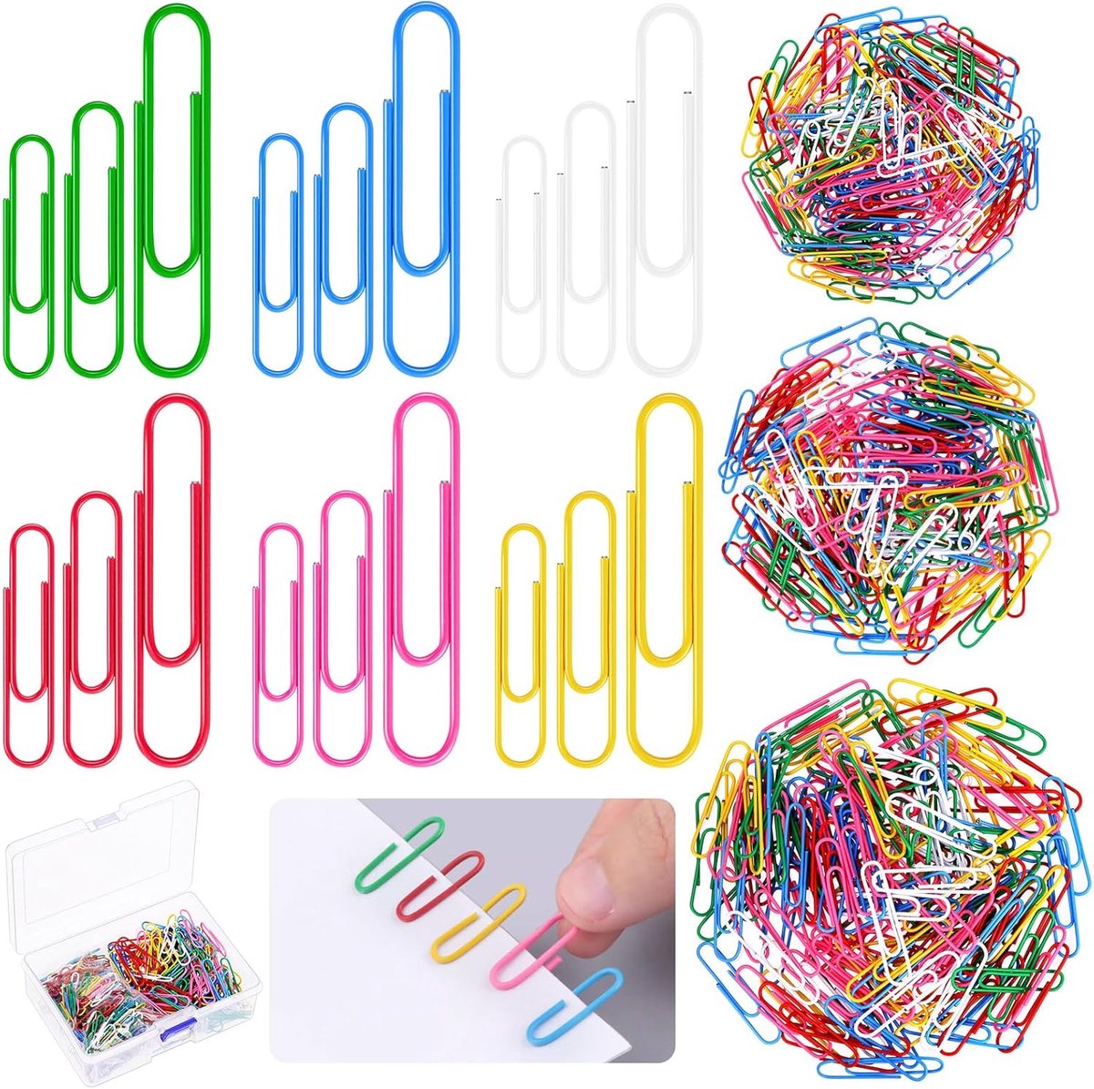 SnelShoppen - 750 Gekleurde Paperclips Set - Gecoate Paperclips in Diverse Kleuren en Maten (1,1 inch, 1,3 inch, 2 inch) - Grote Paperclips met Opberg