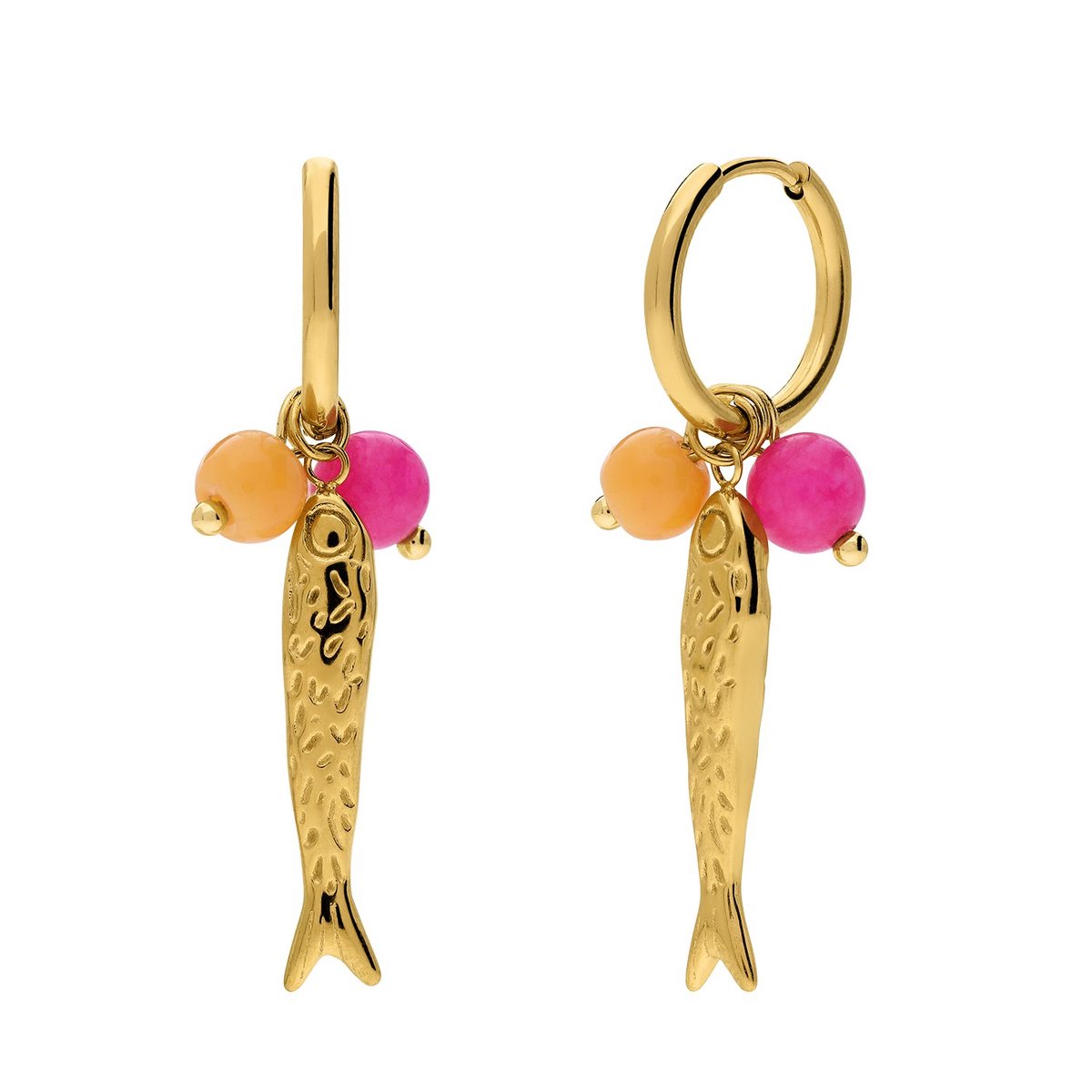Lucardi Dames Stainless steel oorringen met hanger vis voor dames - Oorbellen - Staal - Goudkleurig