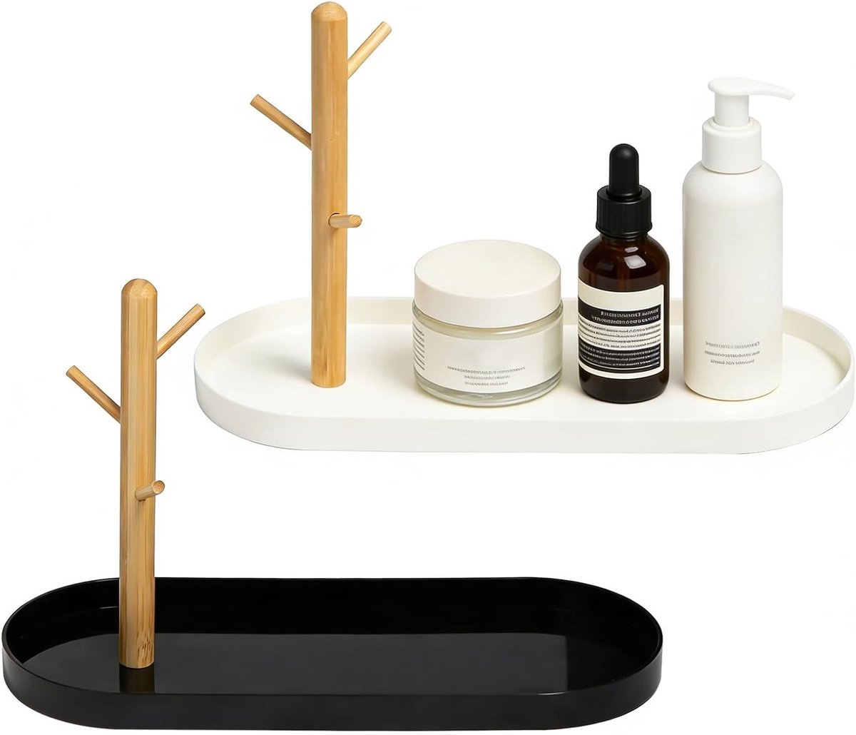 Set van 2 Ovale Plastic Opbergtray voor Cosmetica en Sieraden - Decoratieve Badkameraccessoires in Zwart en Wit met Takken voor Sleutels en Organisatie