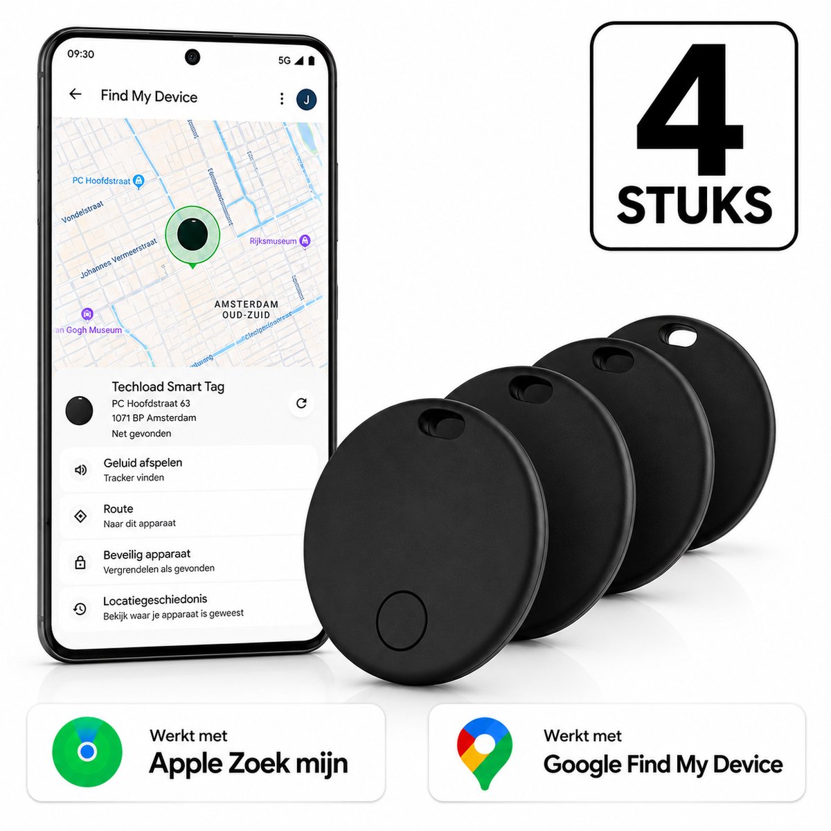 Techload Tracker Android en Apple Find My - Smart Tag - Zwart - 4 Stuks