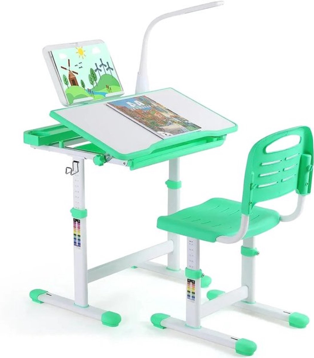 Ergonomisch Kinderbureau – Kinderbureau Met Stoel – Verstelbaar Bureau – LED Leeslamp – Ka