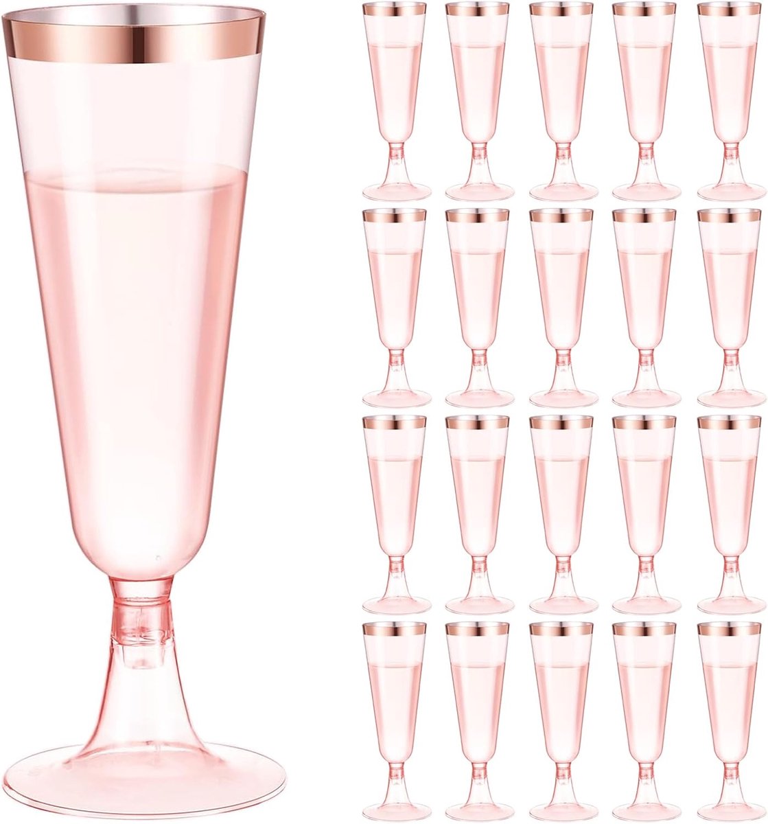 SnelShoppen - Plastic Champagneglazen Set van 20 - 150 ml - Herbruikbare Glazen met Roze Gouden Rand en Glitter - Perfect voor Feest, Verjaardag, Brui