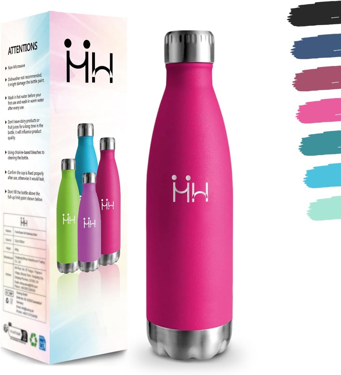 SnelShoppen - Drinkfles 500ml RVS BPA-vrij Stalen Drinkfles Dubbelwandig Geïsoleerd - Roze Rood Lekvrij Voor School, Reizen, Joggen, Kamperen