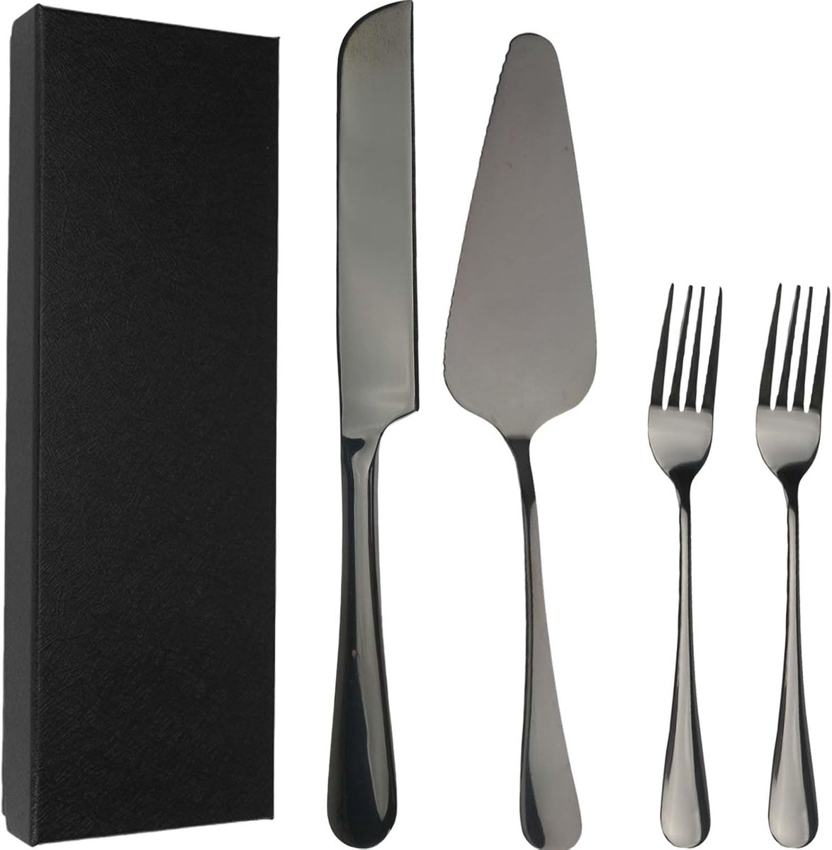 SnelShoppen - Cake Knife and Serving Set met 2 Forks, Wedding Cake Cutter en Stainless Steel Server voor Feest, Verjaardag, Bruiloft, Zwart, Luxe Gesc