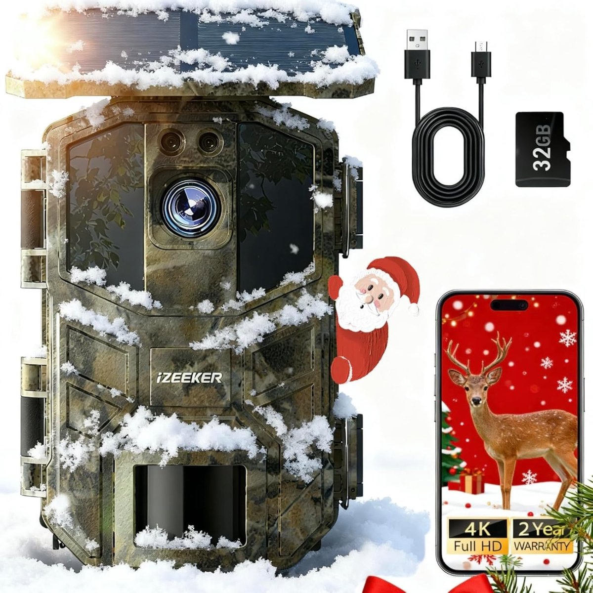 SnelShoppen - 4K Hunting Camera, 64MP, WiFi 6, Nachtzicht, 0.1s Motion Activated, 5200mAh Batterij met 32GB Micro SD Kaart voor Buiten en Jacht
