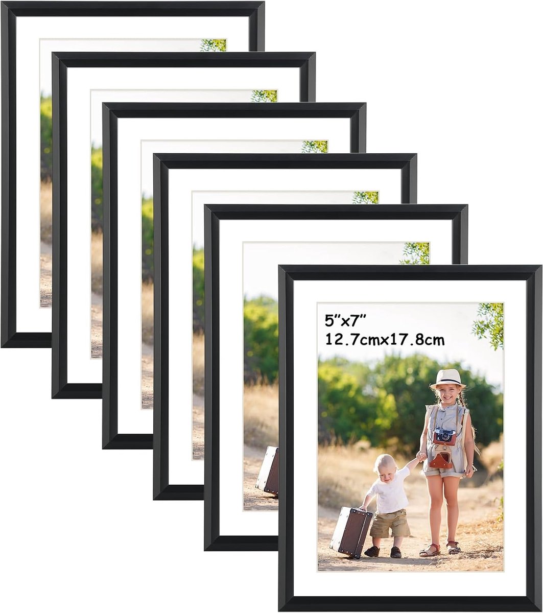 SnelShoppen - Set van 6 Zwarte Fotolijsten 13 x 18 cm met Cardboard, Geschikt voor 15 x 20 cm Foto's, Wand- of Tafelmontage voor Woonkamer en Slaapkam