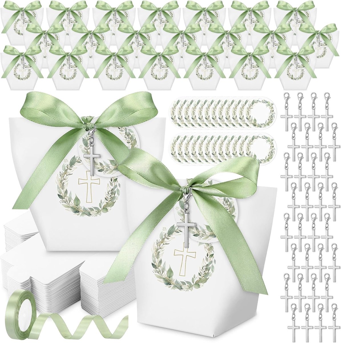 SnelShoppen - Set Van 50 Geschenkdoosjes Met Lint en Kruis Sleutelhanger – Eucalyptus Labels Voor Eerste Communie, Vormsel, Huwelijk, Religieuze Cerem