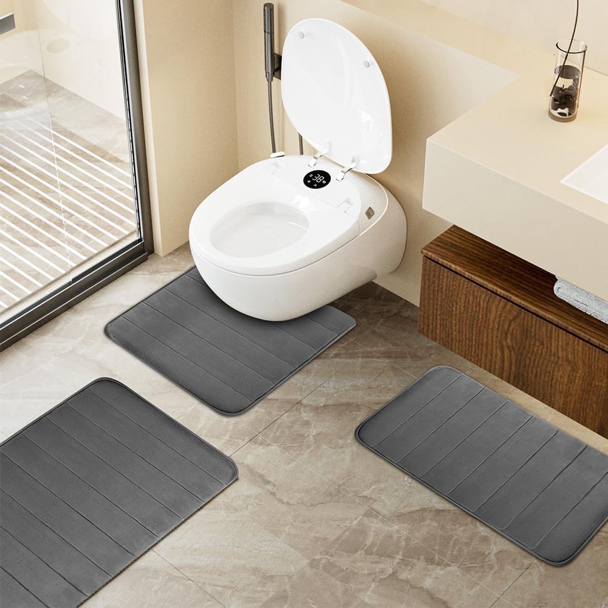 SnelShoppen - RANJIMA Badmat Set 3-delig, Zacht Geheugenfoam, Antislip, Wasbaar, U-vormige Toiletmat, Douchemat, Toiletmat, Badkamer Accessoires, Donk